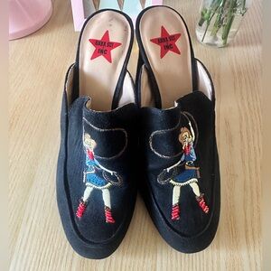 Anna Sui Black Mules with Colorful Embroidery